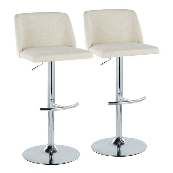Lumisource Toriano 33 in. Cream Fabric and Chrome Metal Adjustable Bar Stool with Rounded T Footrest (Set of 2)