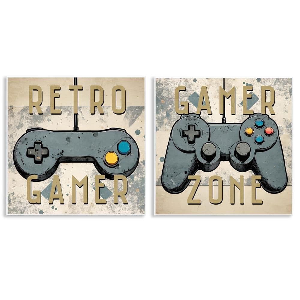 Retro Gamer Controllers by Kim Allen 2 Pieces Unframed Typography Graphic Art Print 12 in. x 12 in.