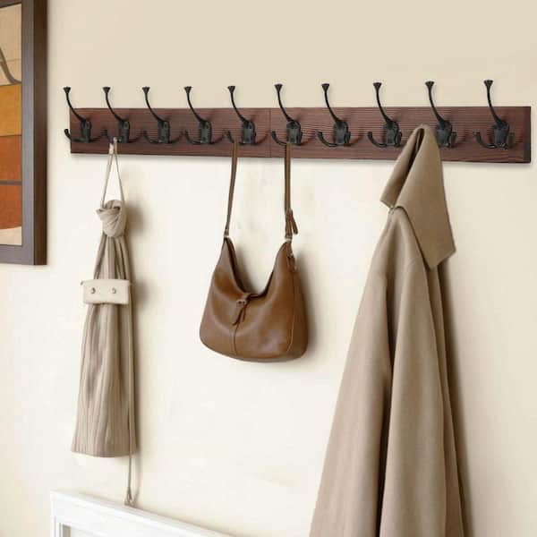 34 in. Brown Wall Mounted Coat Rack with 10 Decorative Tri-Hooks, Coat Hanger, Rustic Coat Hooks Rail for Entryway