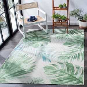 Barbados Green/Teal Doormat 3 ft. x 5 ft. Geometric Palm Leaf Indoor/Outdoor Patio Area Rug