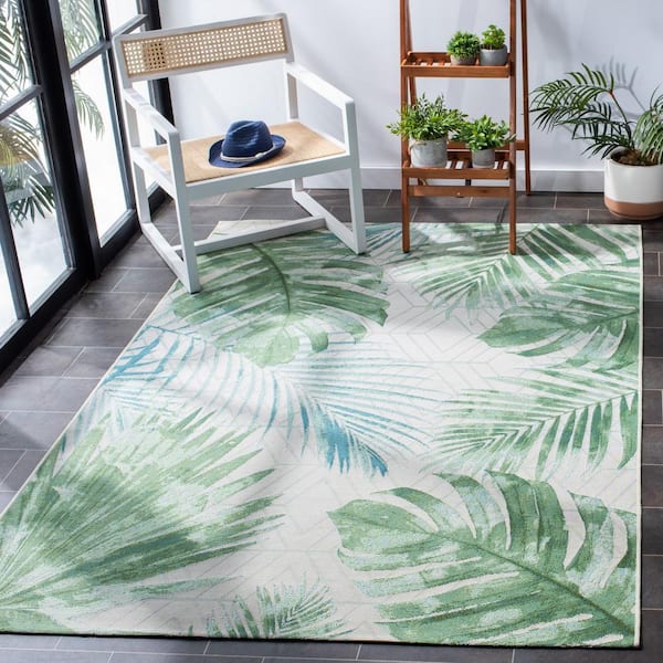 Barbados Green/Teal 10 ft. x 12 ft. Geometric Leaf Indoor/Outdoor Area Rug