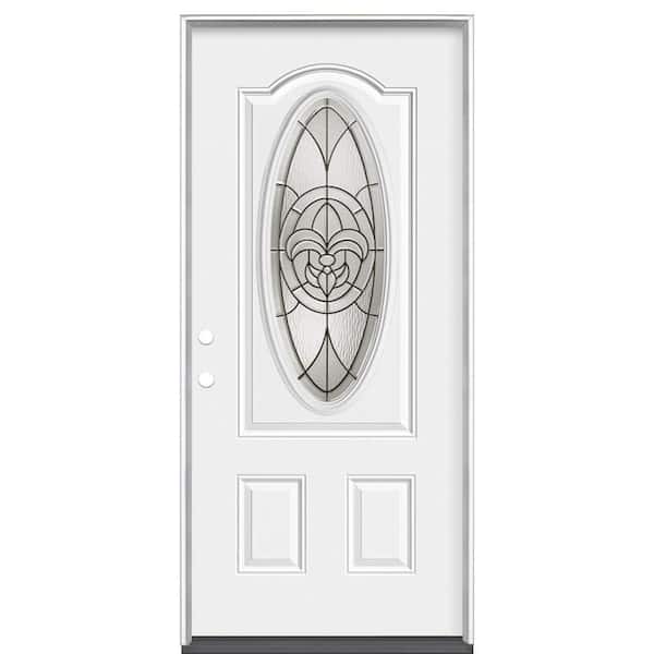 Masonite 36 in. x 80 in. Fleur De Lis 3/4 Oval-Lite Right-Hand Inswing Primed Steel Prehung Front Exterior Door