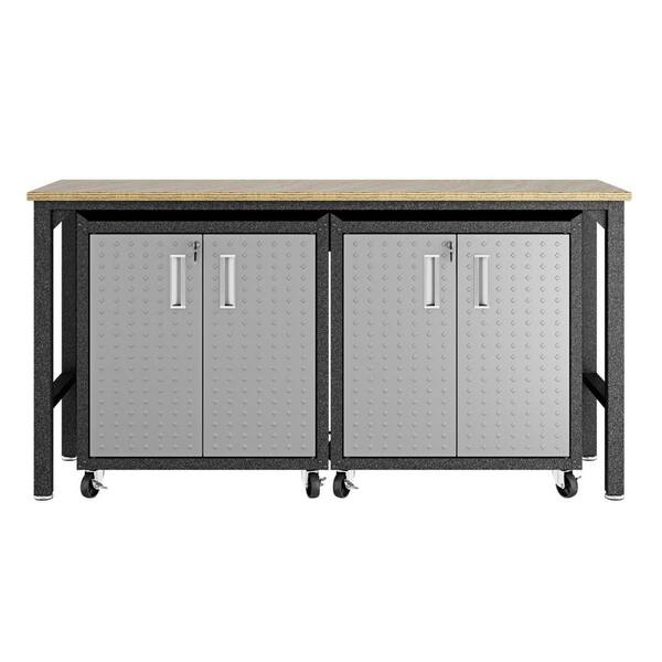 Manhattan Comfort Fortress 72.4 in. W x 37.6 in. H x 20.5 in. D Steel 3-Piece Mobile Space-Saving Garage Storage System in Grey