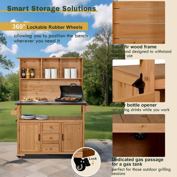 Natural Wood 65 in. H 3-in-1 Garden Potting Bench Kitchen Island