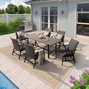 7-Piece Metal Outdoor Dining Set with Wicker Rocking Chairs and Slatted Table