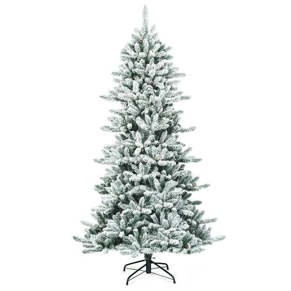Costway 7 ft. Unlit Premium Hinged Snow Flocked Slim Artificial Christmas Fir Tree with Pine Cones