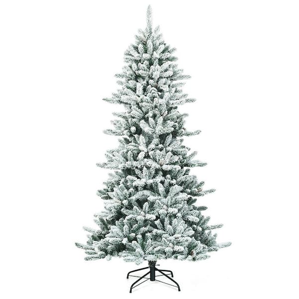 7 ft. Unlit Premium Hinged Snow Flocked Slim Artificial Christmas Fir Tree with Pine Cones