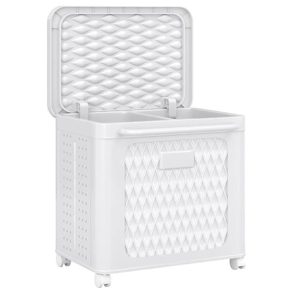 Rolling Laundry Hamper with Lid and Wheels-Dual Compartment, Foldable Plastic Basket for Easy Carry White (80 L)19.3 in.
