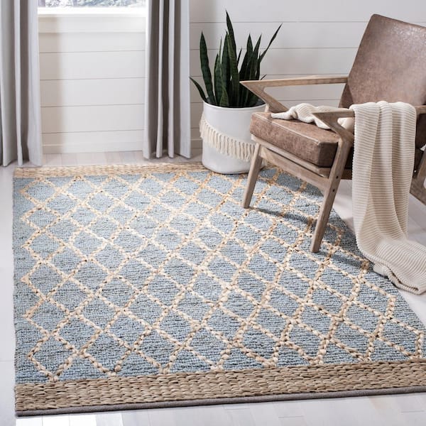 Natural Fiber Light Blue 6 ft. x 9 ft. Border Multi-Diamond Area Rug