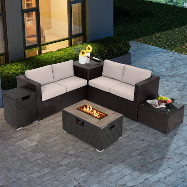 ANGELES HOME 6 Pieces Outdoor Wicker Furniture Set with Brown Cushions and 32 Inch Propane Fire Pit Table