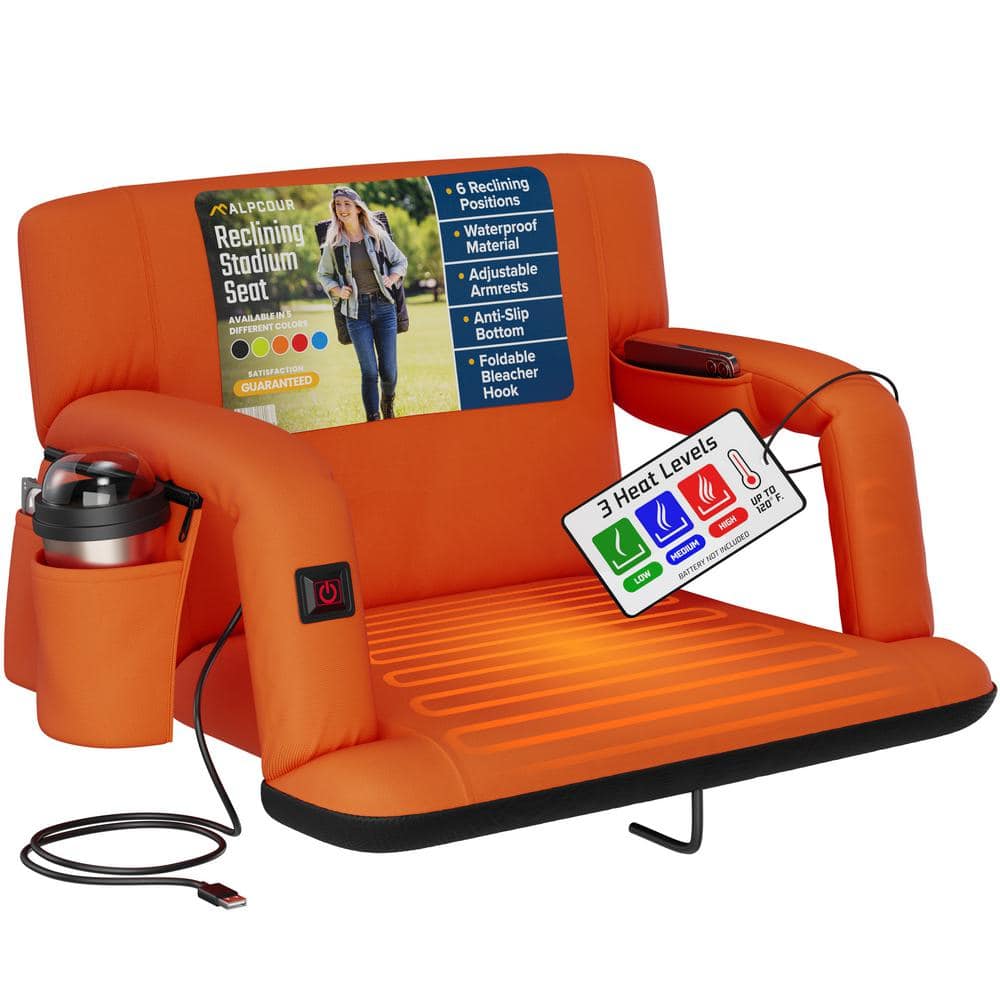 ALPCOUR Heated Reclining Stadium Seat 24 in. Extra-Wide Bleacher Chair w/ Back Support, Cushion, Armrests and Side PocketsOrange