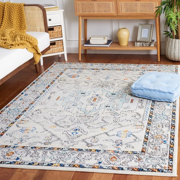 Tulum 9 ft. x 12 ft. Ivory Gray/Blue Rust Ornate Border Abstract Area Rug