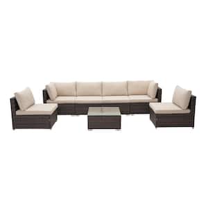 Brown 7-Piece Wicker Patio Conversation Set with Beige Cushions and Coffee Table