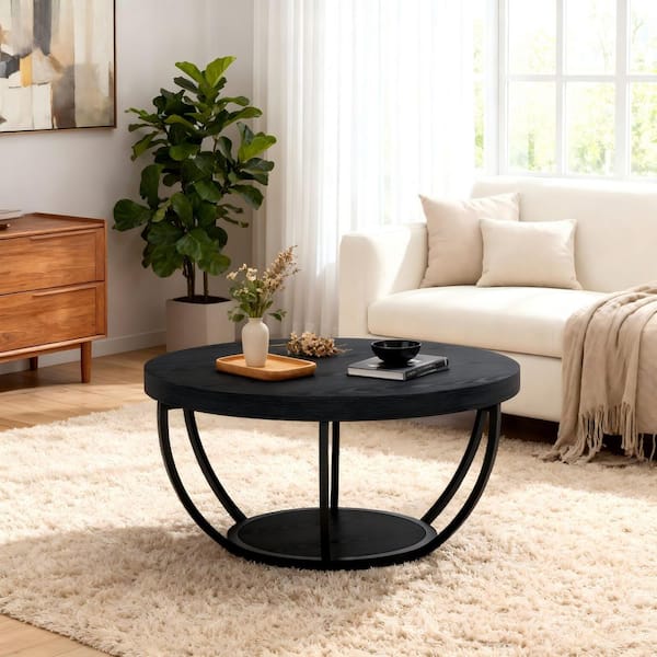 31.7 in. Farmhouse Black Round Wood Coffee Table with Storage, 2-Tier Small Modern Center Table for Living Room, Office