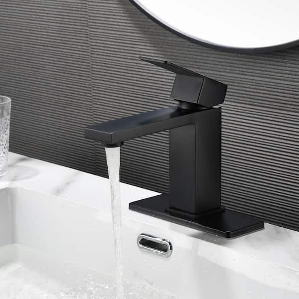 Single Handle Single Hole Bathroom Sink Faucet with Pop-Up Drain and Deck Plate in Matte Black 6.5 in. L Spout