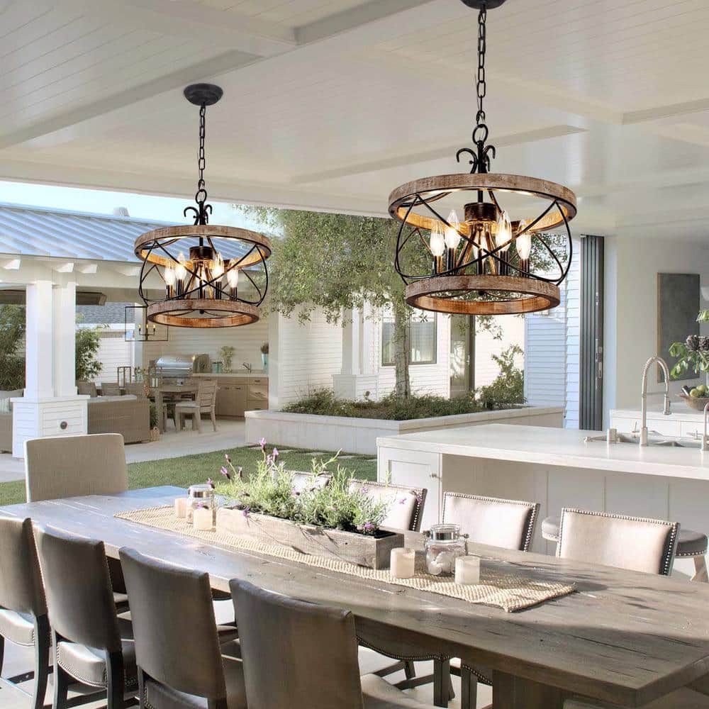 15.7" Weathered Wood Drum Farmhouse Chandelier with Adjustable Chain