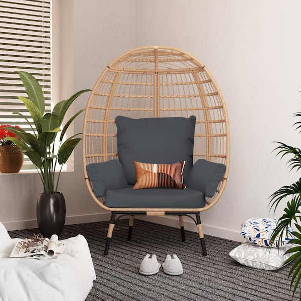 UPHA Oversized Wicker egg Chair Indoor Outdoor Large Lounge Chair with Dark Gray Cushions