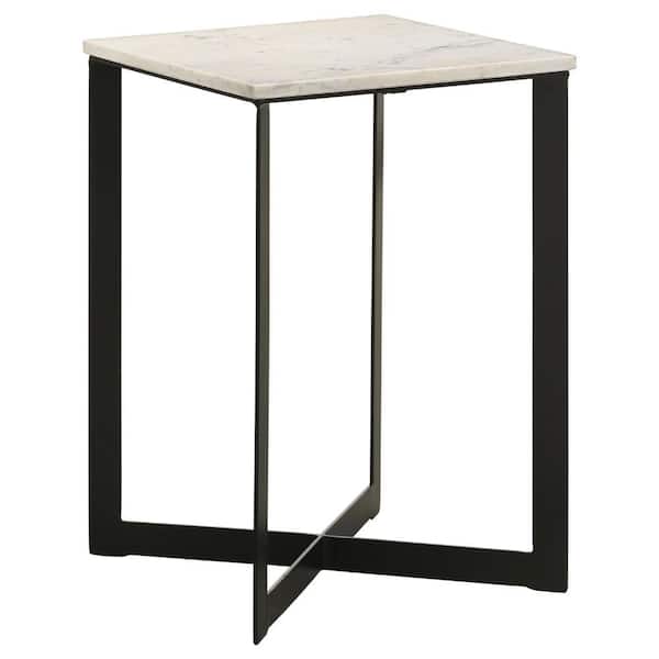 Benjara 16 in. White, Black and Gray Square Marble End Table with Metal Frame