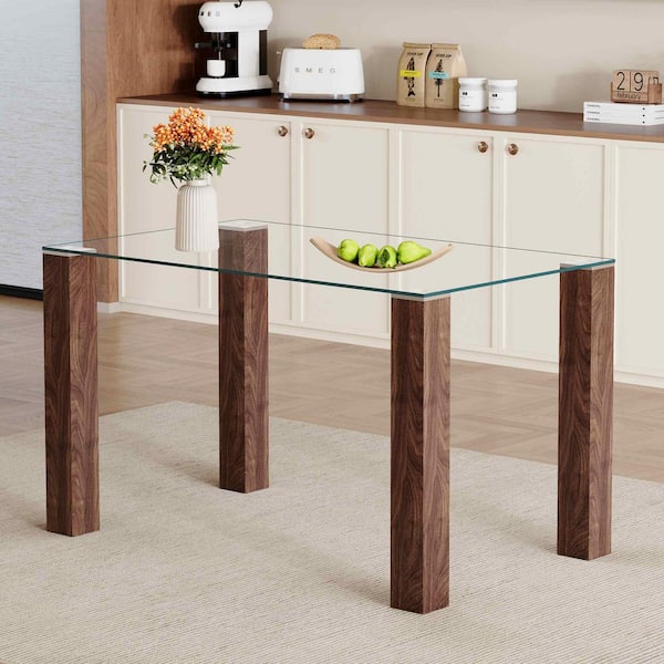 Transparent, Walnut Glass 49.6 in. 4-Legs Dining Table Seats 4