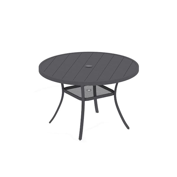 Unbranded Gray Metal Outdoor Dining Table for 4, Patio Table with Umbrella Hole and Storage Shelf for Garden
