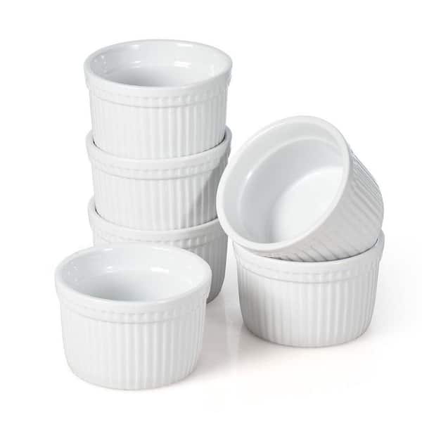 6 Piece Round Porcelain Ramekin Set with Vertical Line Design for Baking Souffle Custard Pudding Dips