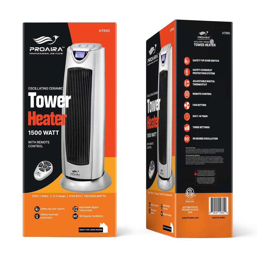 Silver Ceramic Electric Tower Heater with Thermostat and Remote