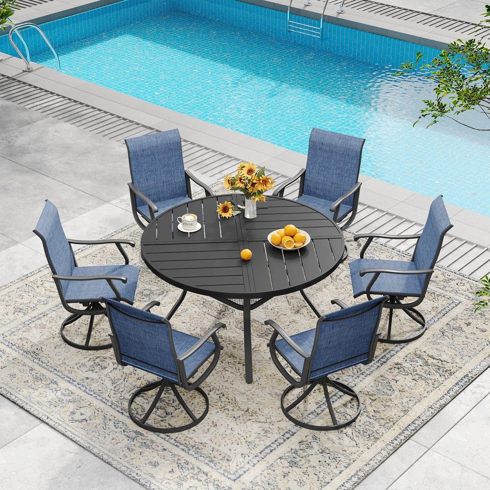 7-Piece Metal Outdoor Patio Dining Set with 47.2 Black Round Table and 6 Blue Textilene Swivel Chairs price history on PriceWatchPro