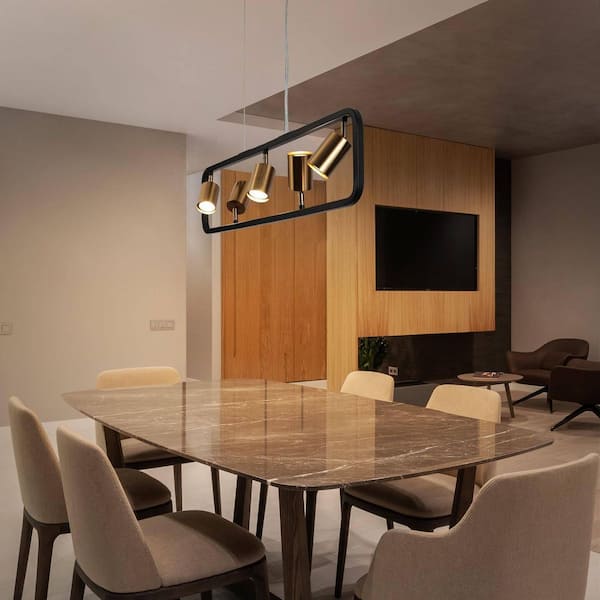 Modern 31.5 in. 5-Light Black Island Pendant Light with Adjustable Brass Metal Shades, Linear Chandelier for Dining Room