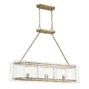 Genry 3-Light Warm Brass Linear Chandelier with Clear Water Piastra Glass Shades