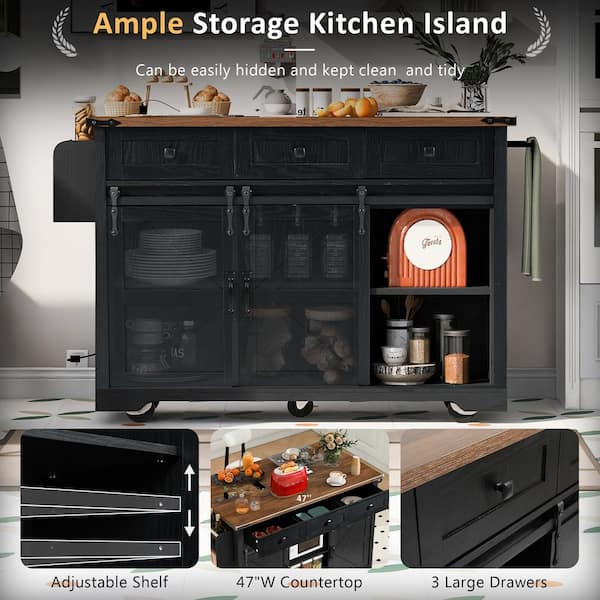 Runesay Black Mdf Base with Mdf Wood Top Rolling Kitchen Island (28.75-in x 53.75-in x 36.5-in)