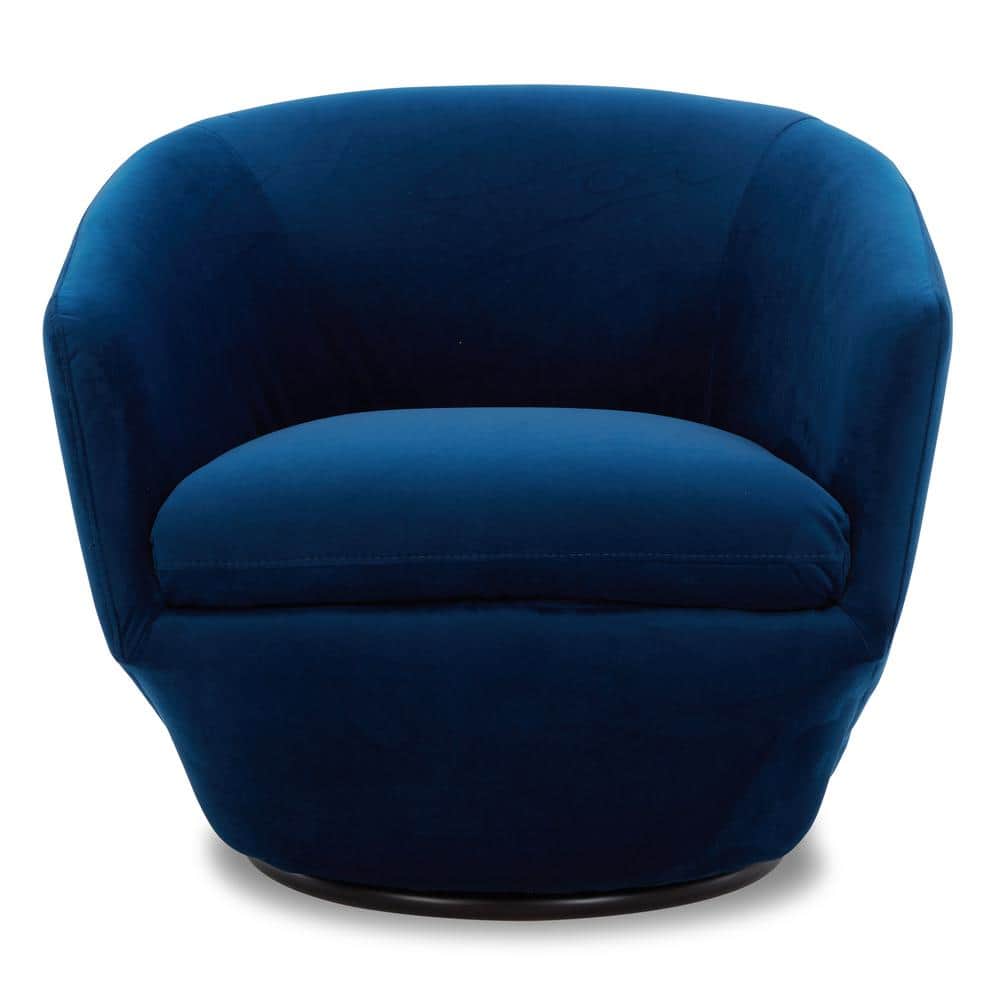 Blue Velvet Swivel Barrel Accent Chair with Wood Frame