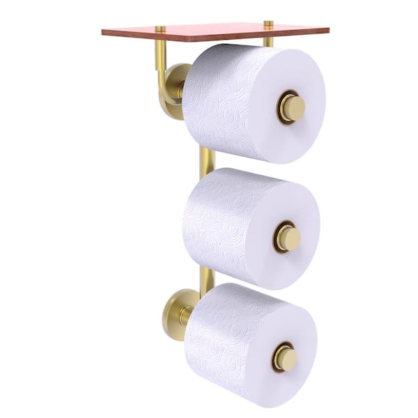 Allied Brass Prestige Skyline Collection Wall Mounted Toilet Paper Holder in Satin Brass with Wood Shelf