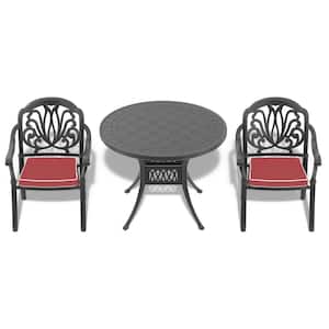 Elizabeth Black 3-Piece of Cast Aluminum Outdoor Dining Set with 39.37 in. Round Table and Random Color Seat Cushions