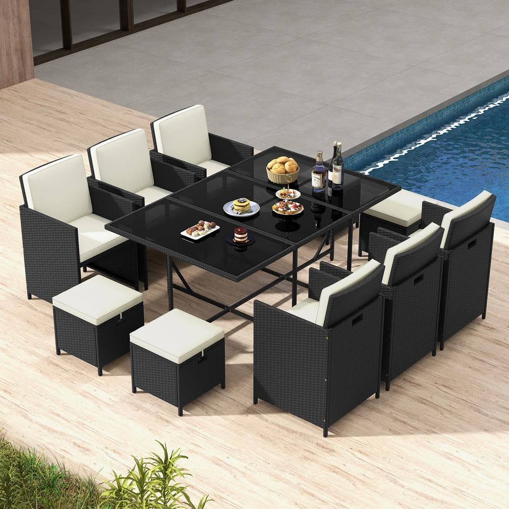 11-Piece PE Rattan Wicker Outdoor Dining Set and Tempered Glass Table with Beige Cushions price history on PriceWatchPro