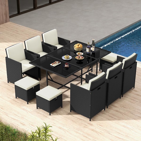 ANGELES HOME 11-Piece PE Rattan Wicker Outdoor Dining Set and Tempered Glass Table with Beige Cushions
