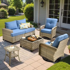 Kelleys 6-Piece Wicker Modern Outdoor Patio Conversation Seating Set with Swivel Chairs and Sky Blue Cushions