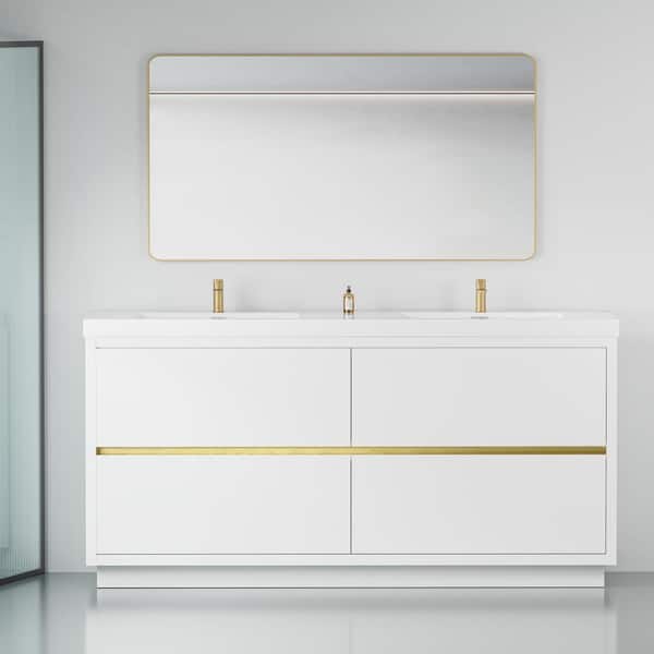 72 in. Freestanding Double Sinks Storage Bath Vanity Cabinet in Glossy White with White Stone Resin Top