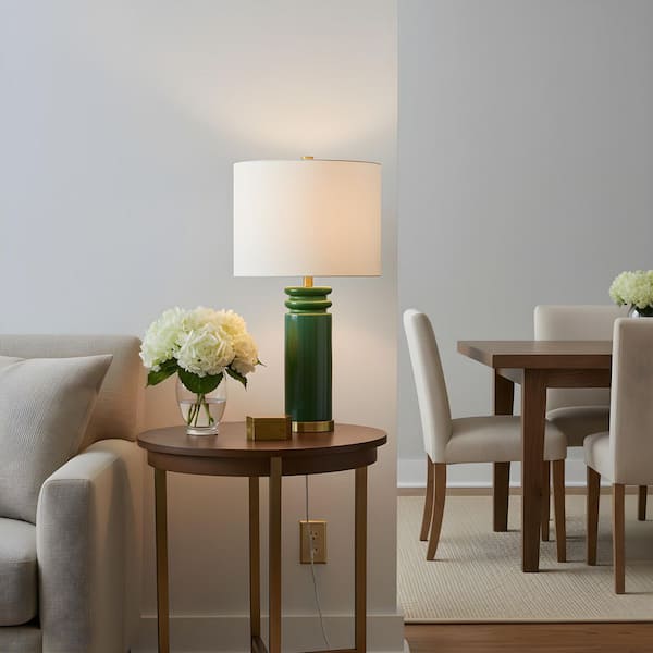 Feikudo 25 in. Glossy Light Green Bedroom Home Office Living Room Table Lamp With White Linen Shade