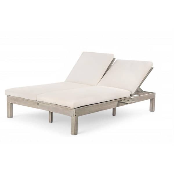 Grey Wood Outdoor Chaise Lounge with Beige Cushions