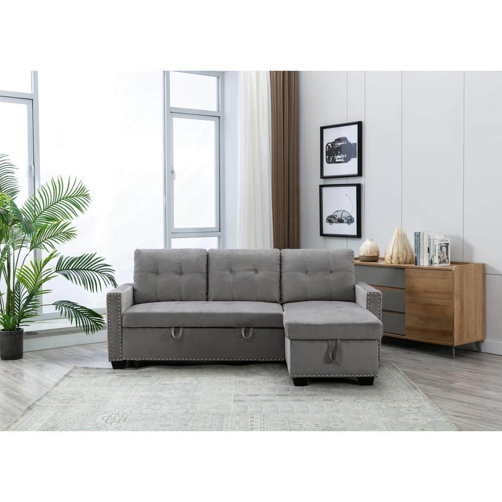Ashlyn Light Gray Tufted Fabric Sectional with USB Ports and Storage