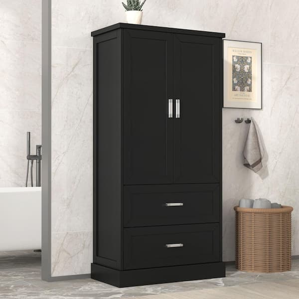 31.3 in. W x 16 in. D x 64 in. H Black MDF Freestanding Linen Cabinet with Adjustable Shelves and Drawers in Black