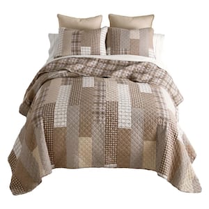 Highland Plaid 3PC Beige and White Queen Cotton Quilt Set