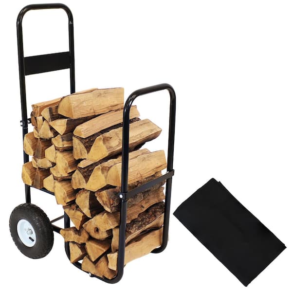 Sunnydaze Steel Firewood Log Cart Carrier with Cover in Black QX FLC COMBO The Home Depot