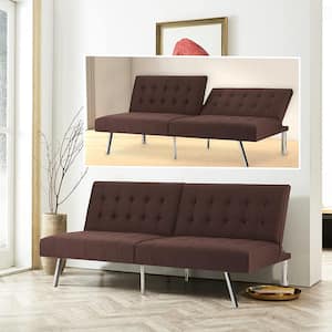 Espresso, Linen Tufted Split Back Futon Sofa Bed, Couch Bed, Futon Convertible Sofa Bed with Metal Legs
