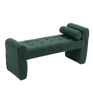 Modern Emerald Boucle Upholstered Bedroom Bench with Pillows
