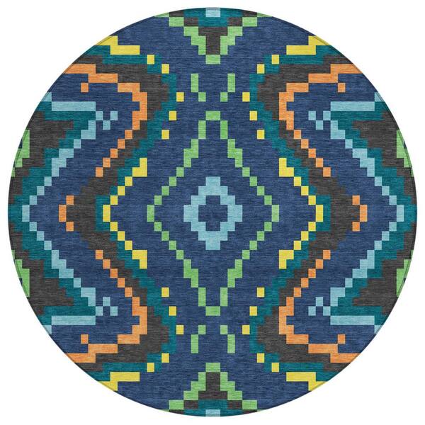 Chantille Machine Washable Indoor/Outdoor Abstract ACN2829 Navy 8 ft. x 8 ft. Round Rug