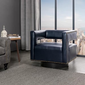 Ferrero Navy Contemporary and Classic Swivel Barrel Chair with Nailhead Trim