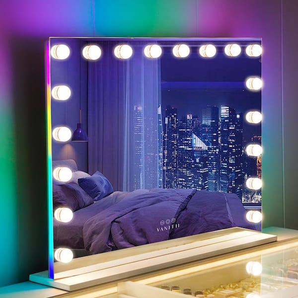 VANITII GLOBAL Hollywood 31 in. W x 23 in. H Rectangular Framed RGB Backlit LED Lighted Tempered Glass Tabletop Bathroom Vanity Mirror