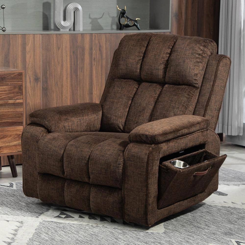 Chocolate Extended Footrest Comfort Chenille Power Lift Recliner with Pull-