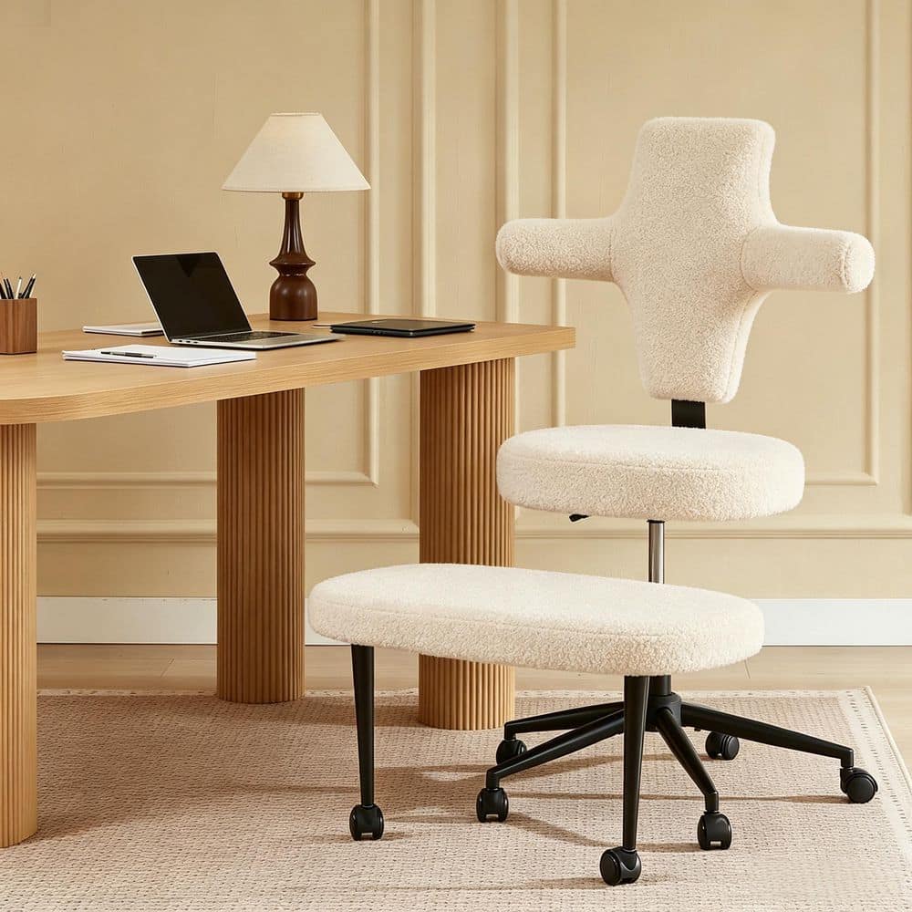 Fabric Ergonomic Swivel Office Chair Upholstered Chair with Wheels Lumbar Support and Height Adjustment in Fabric White